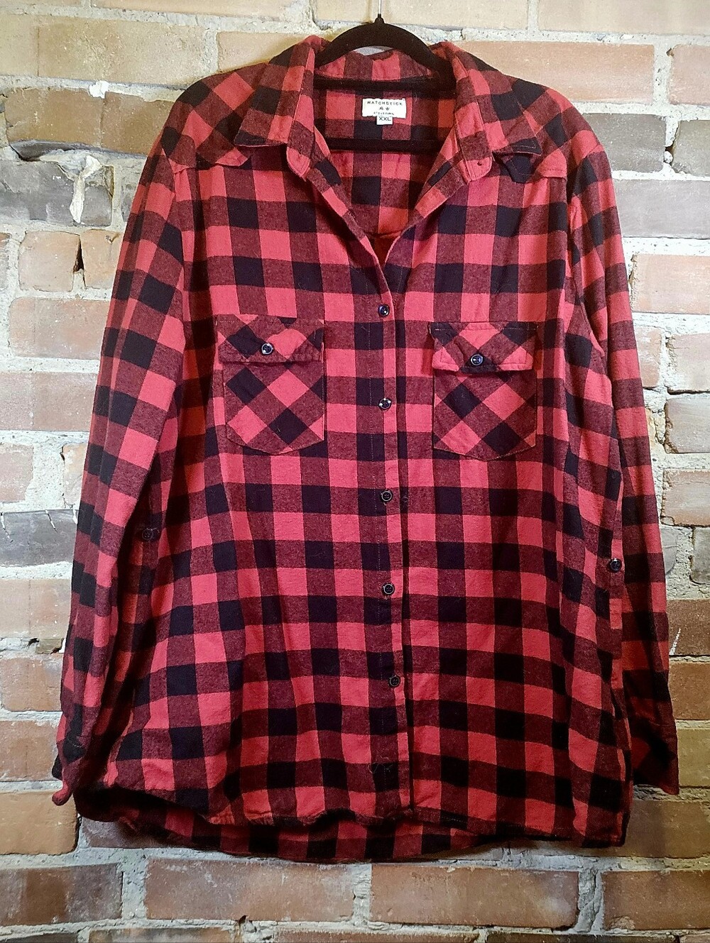 Red Buffalo Plaid Flannel — Roll-Tab Sleeves & Sides, Women's XXL
